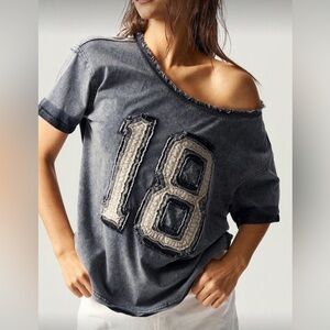Patchwork tee short sleeve 18 number Distressed Off-Shoulder Top